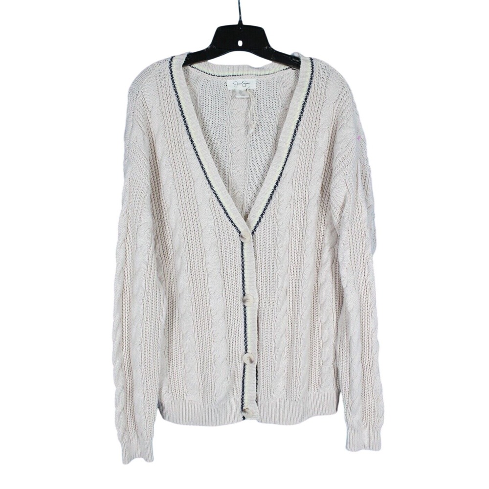 JESSICA SIMPSON Beige CABLE KNIT Ribbed Trim V-NECK Button-Up SWEATER CARDIGAN L